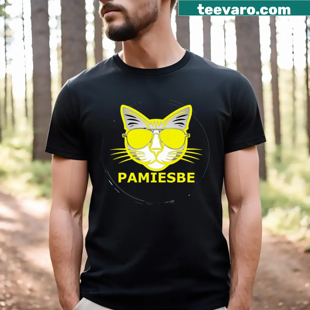 Illustration of a yellow cat wearing glasses with a 'most wanted' theme — on a men's t-shirt