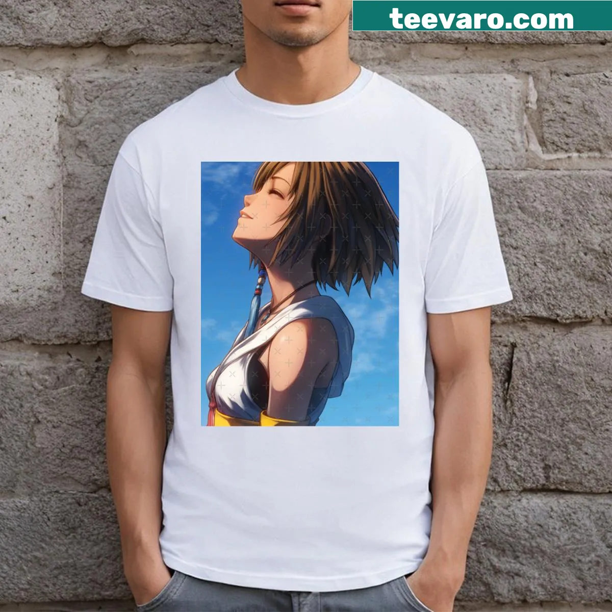 Minimalist silhouette design of Yuna character — on a men's t-shirt