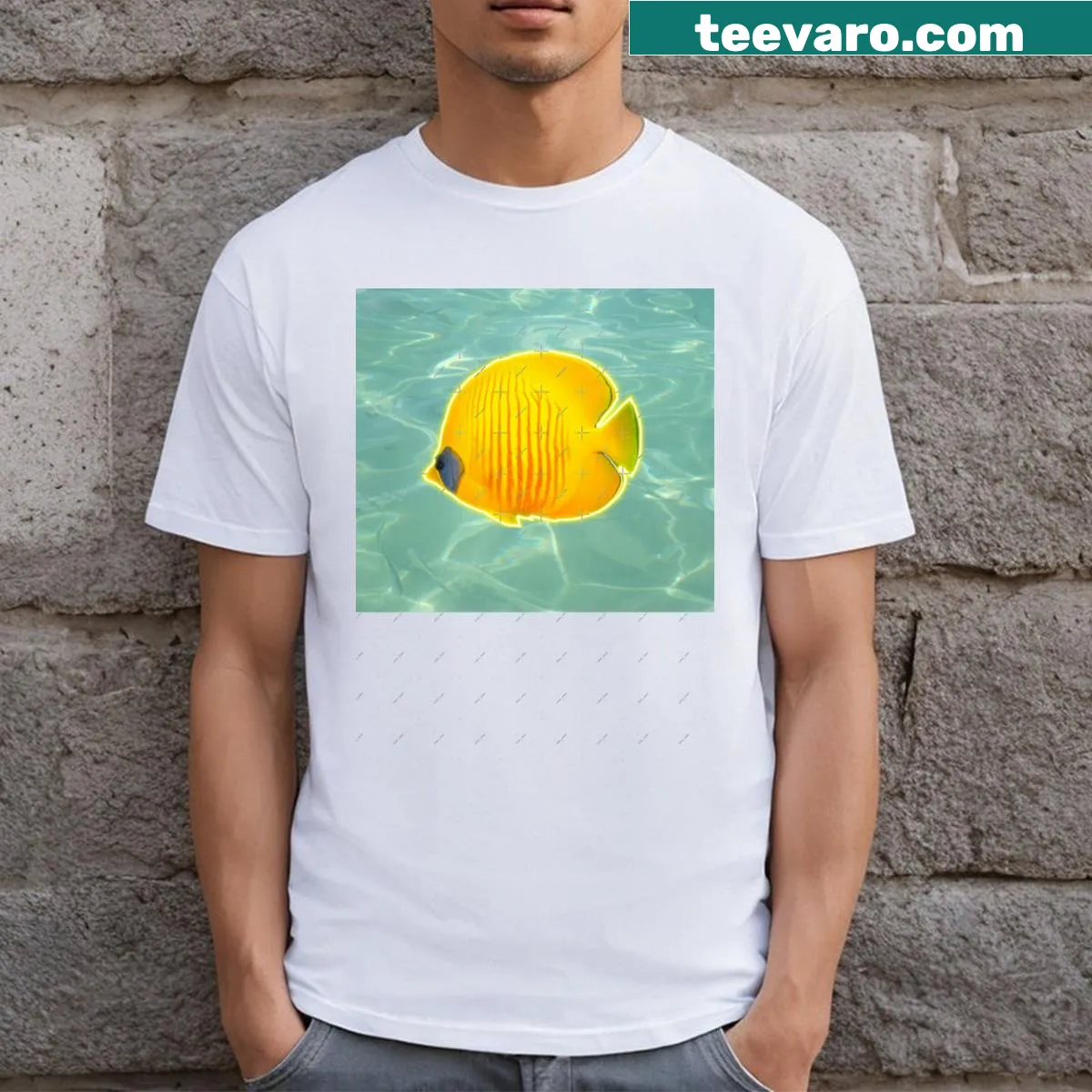 T-shirt featuring an illustration of a yellow fish in the ocean — on a men's t-shirt