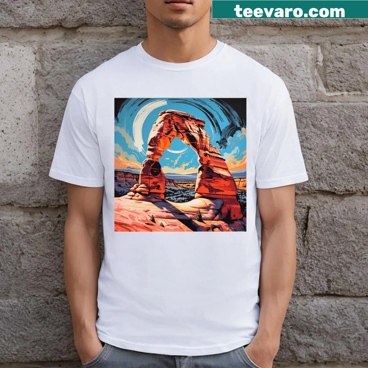 T-shirt featuring an illustration inspired by Arches National Park — on a men's t-shirt