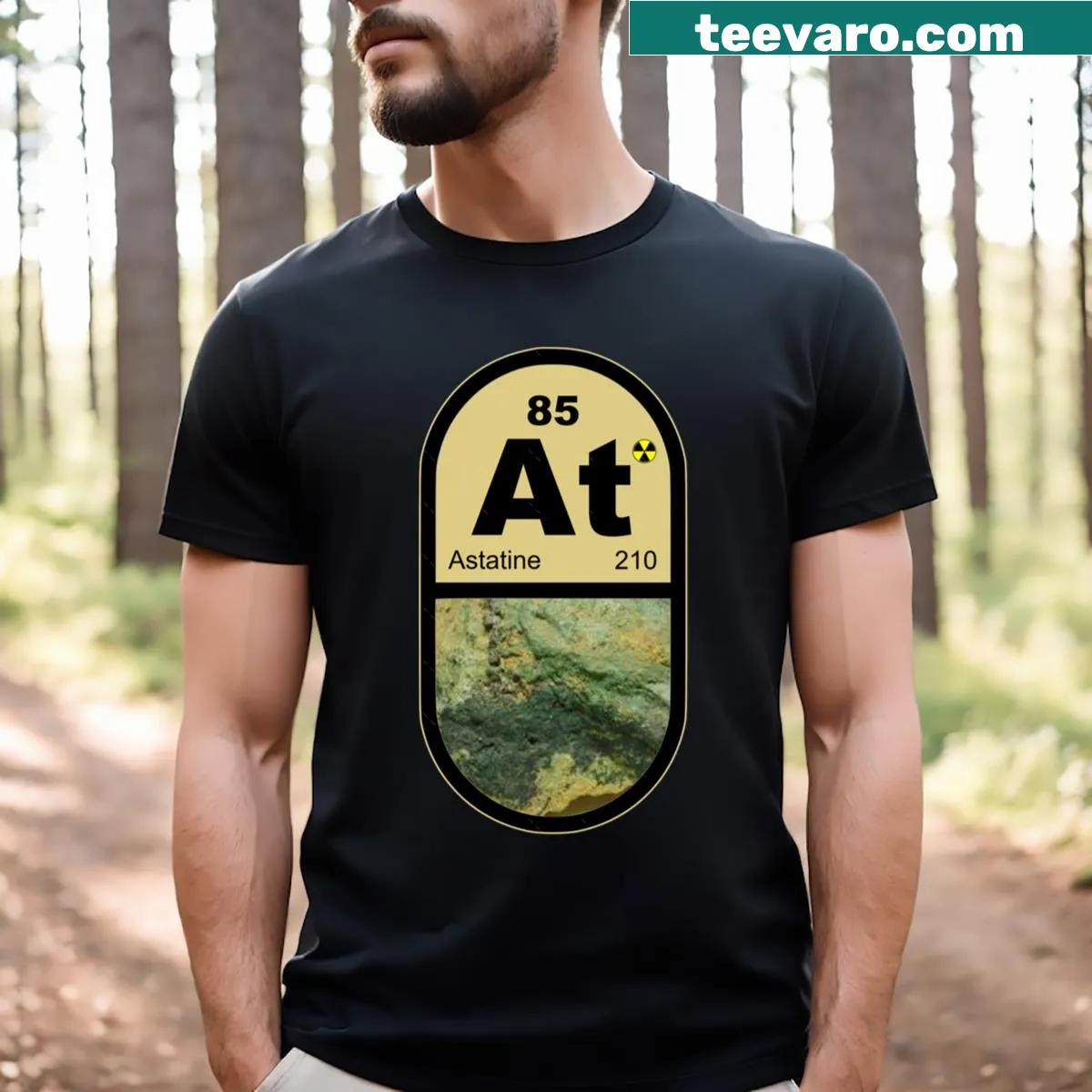 Astatine pill element T-shirt with chemical symbol — on a men's t-shirt