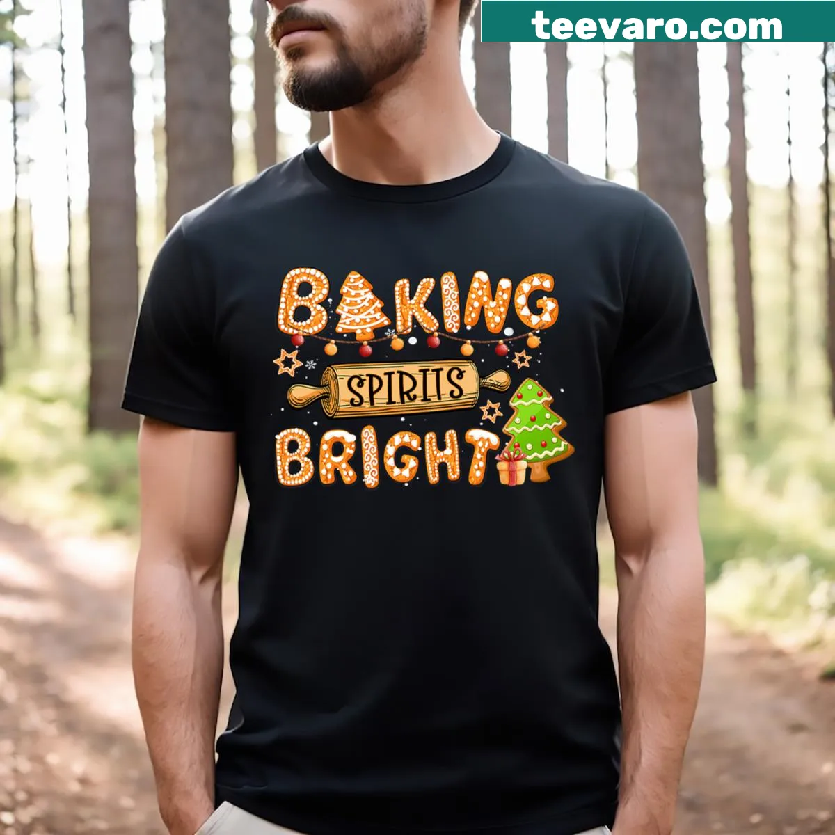 Whimsical Christmas cookie and gingerbread illustration on t-shirt — on a men's t-shirt