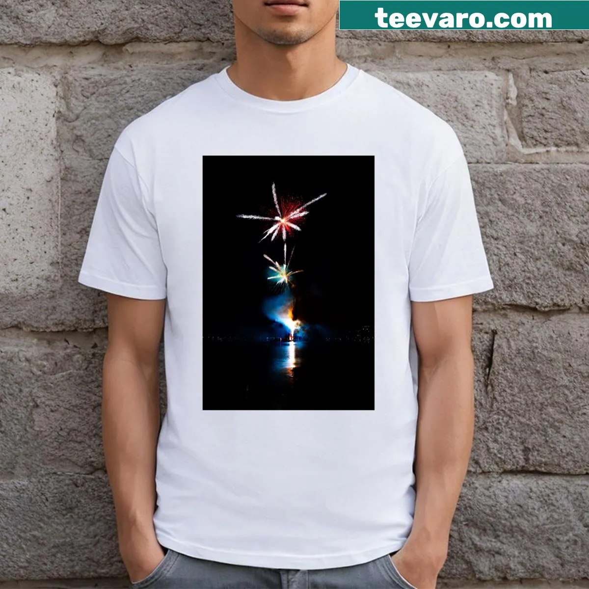 Illustration of a beautiful fireworks display at night — on a men's t-shirt