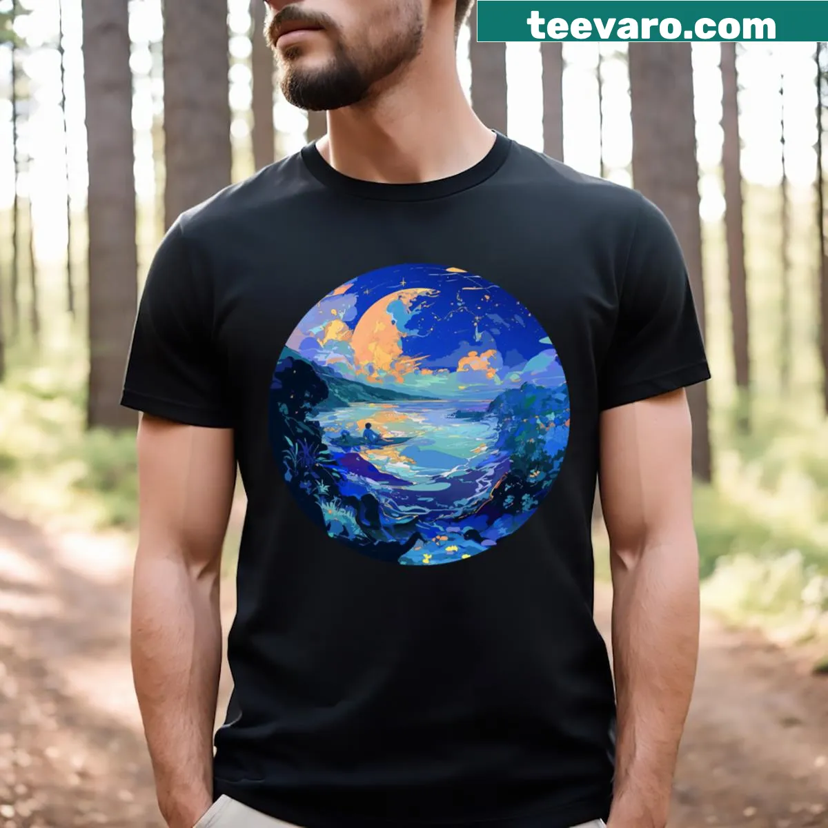 Illustration of a serene sea dawn graphic t-shirt — on a men's t-shirt
