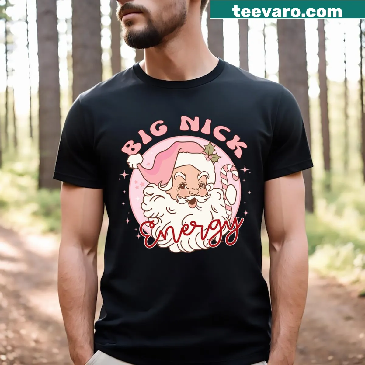 Vintage Christmas t-shirt featuring Big Nick Energy Santa Claus — on a men's t-shirt