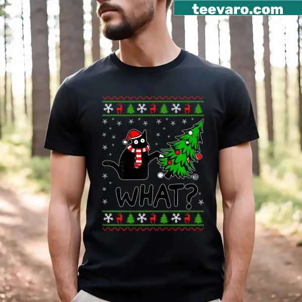 Funny illustration of a black cat pushing over a Christmas tree