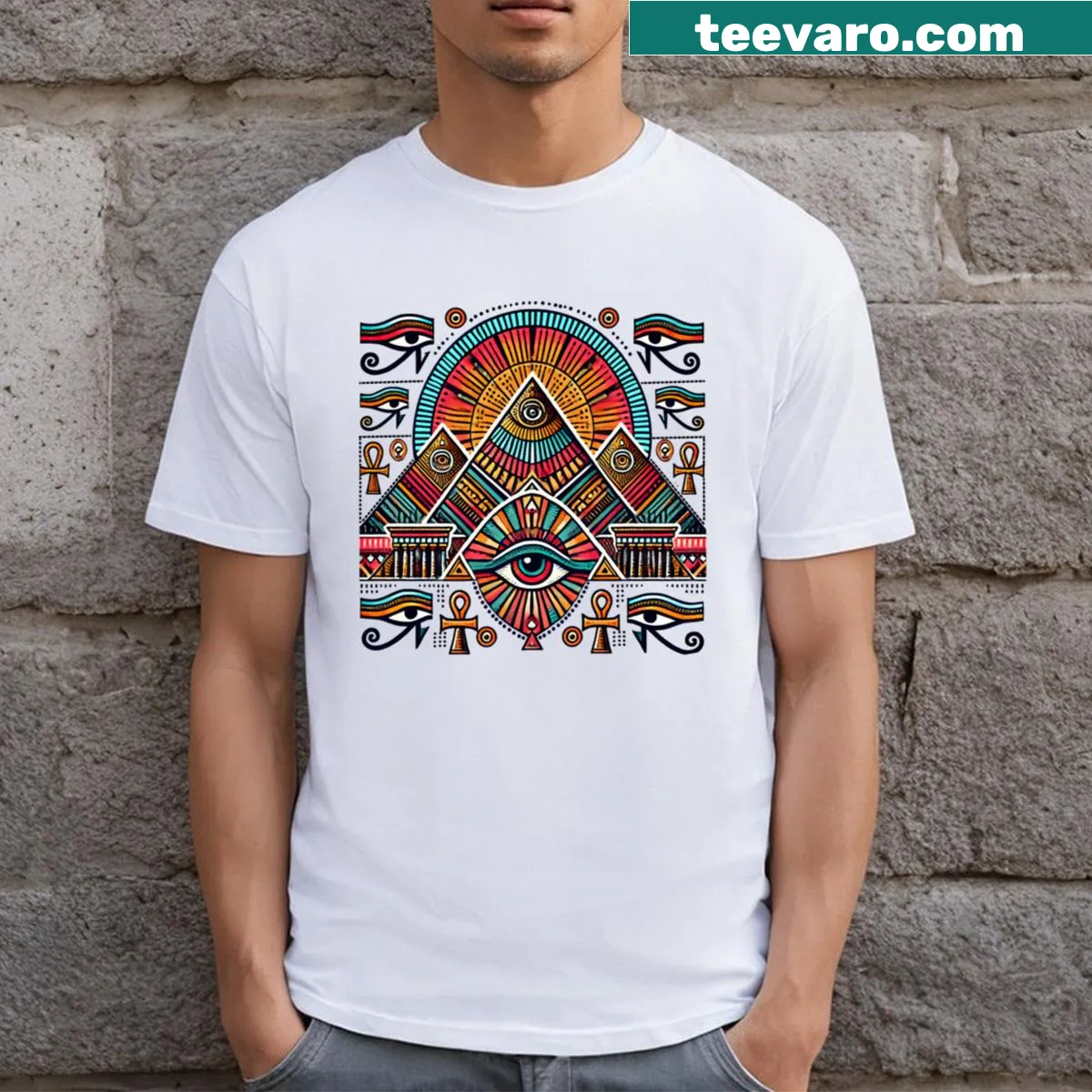 Illustrated ancient Egyptian pyramids graphic T-shirt — on a men's t-shirt