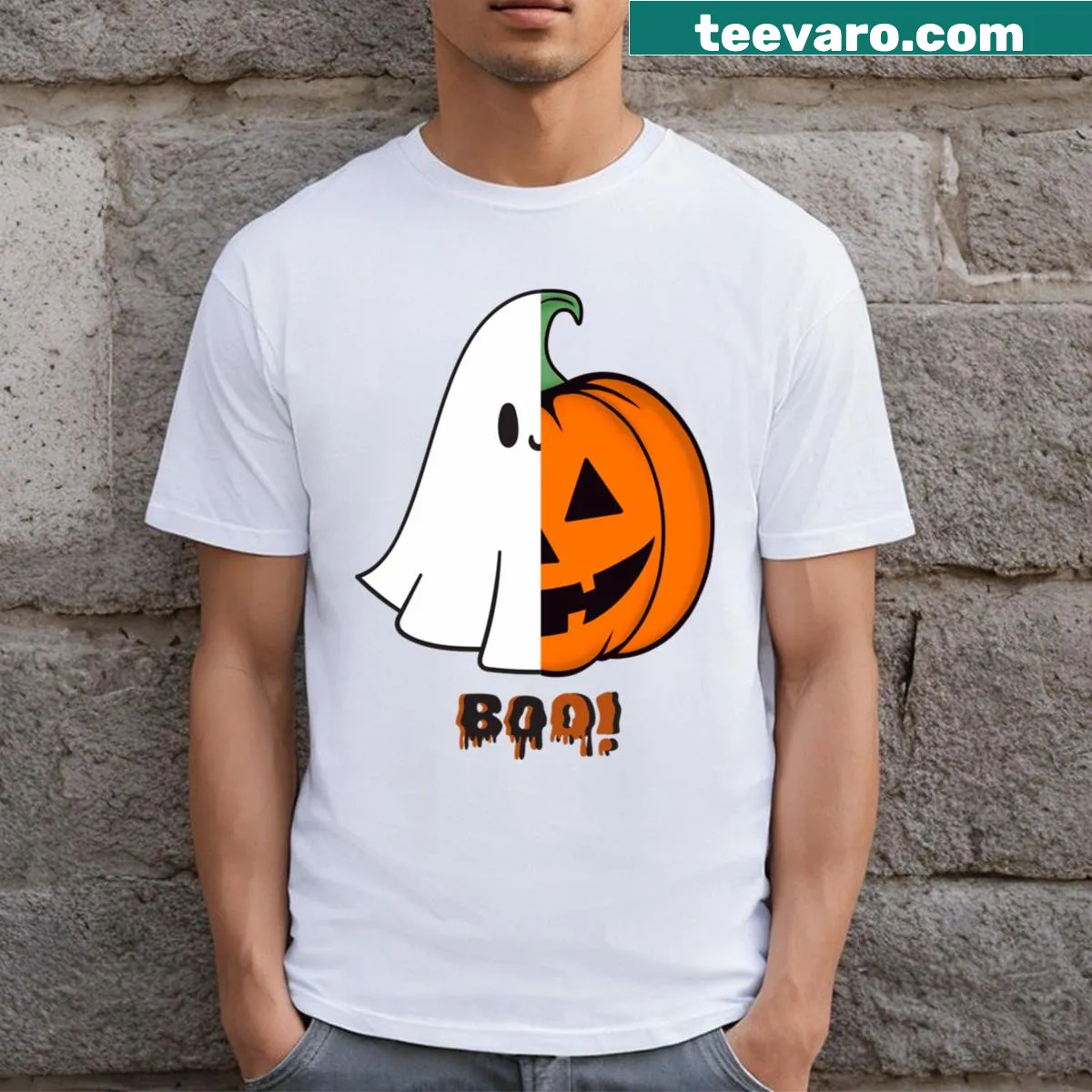 Whimsical ghost and pumpkin Halloween T-shirt — on a men's t-shirt