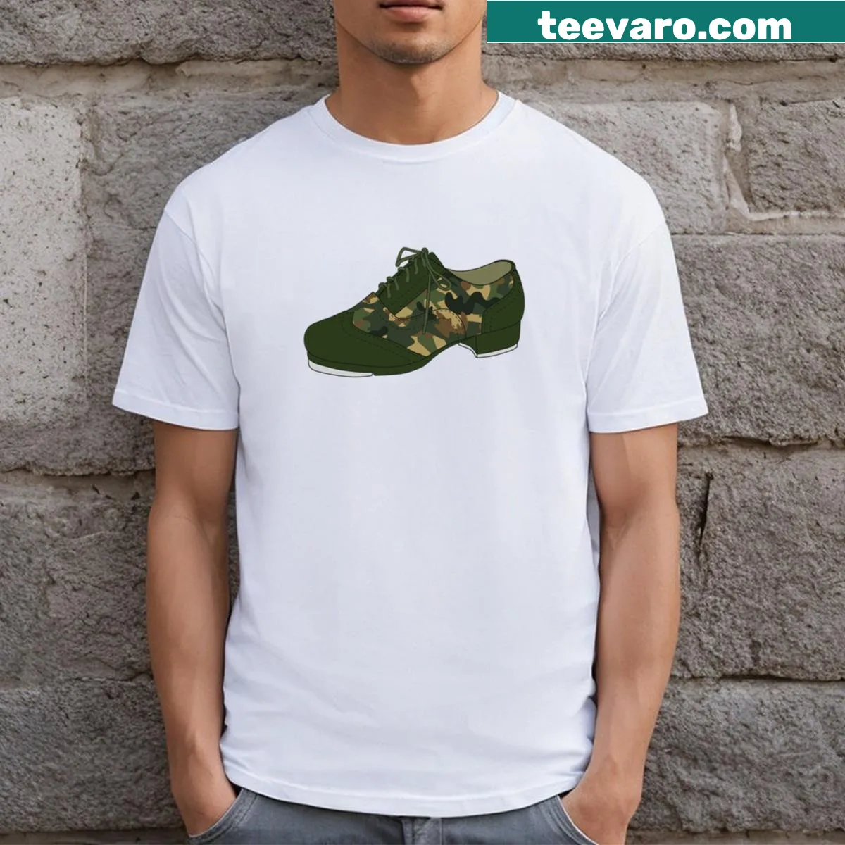 Illustrated T-shirt featuring camo tap dance shoes — on a men's t-shirt