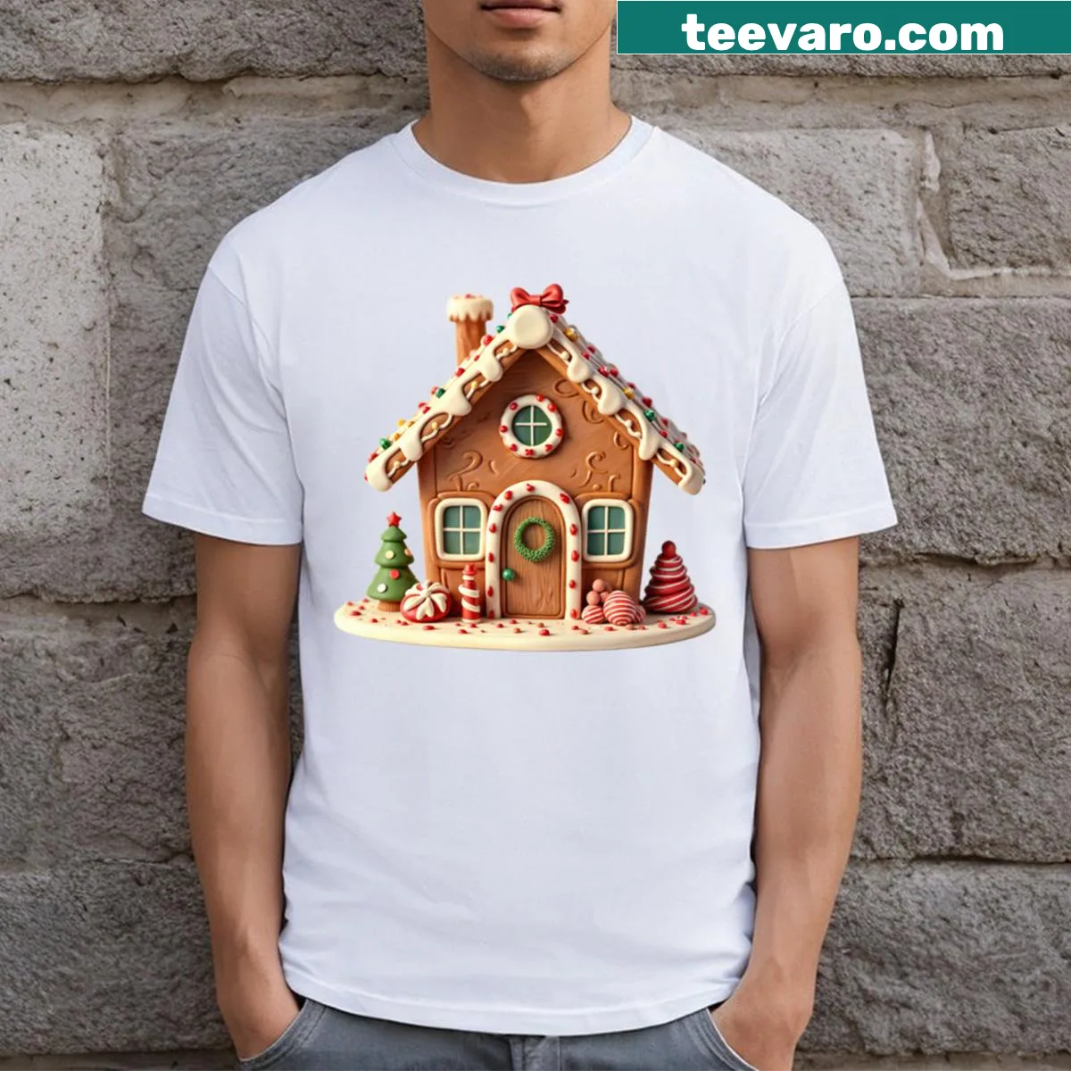 Illustrated Christmas house t-shirt with festive decorations — on a men's t-shirt