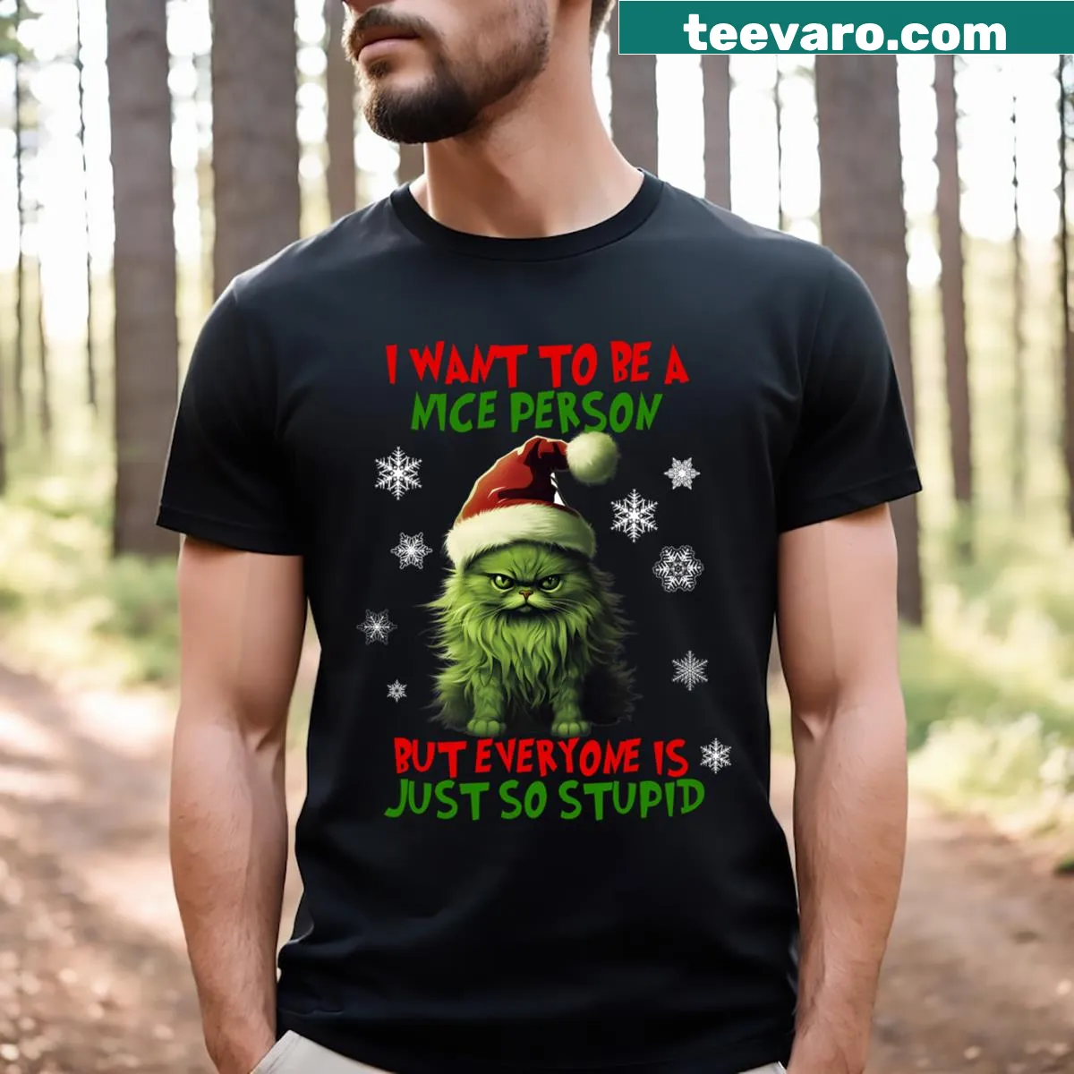 Festive cat graphic with humorous message on a Christmas T-shirt. — on a men's t-shirt