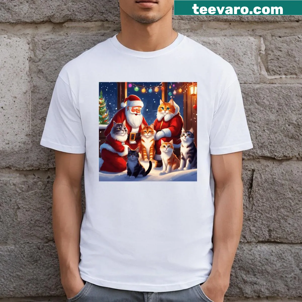 Adorable cats dressed as Santa and festive characters in a holiday design — on a men's t-shirt
