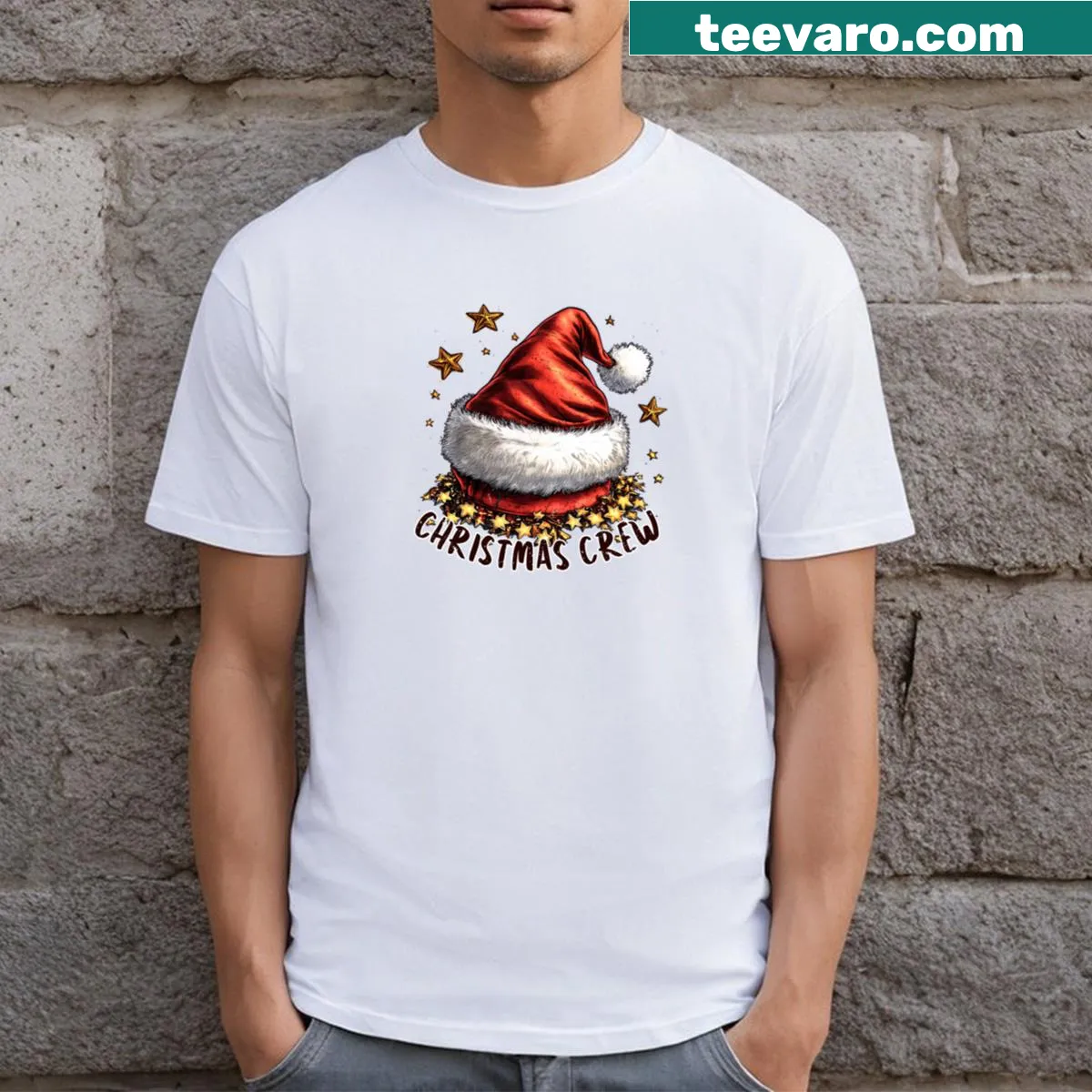 Festive Christmas T-shirt featuring Santa hat and stars — on a men's t-shirt