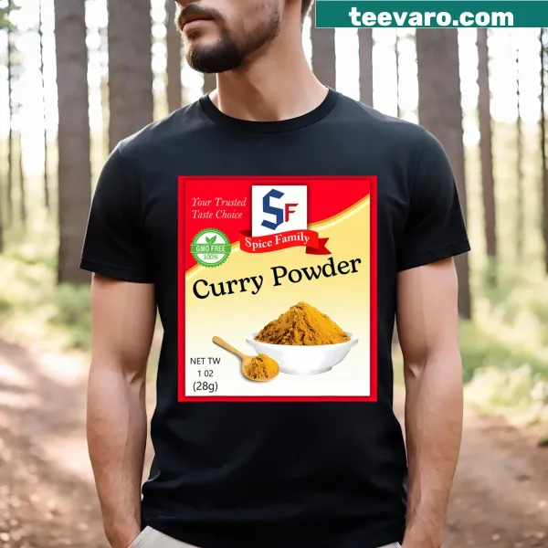 Whimsical curry powder container graphic on a t-shirt for holiday spice costumes