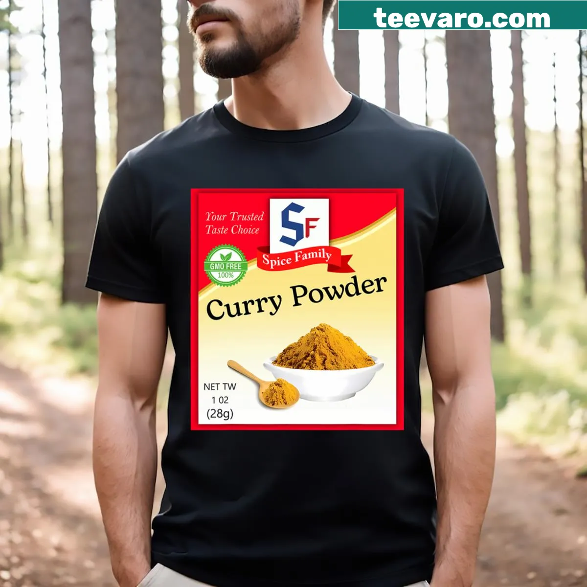 Whimsical curry powder container graphic on a t-shirt for holiday spice costumes — on a men's t-shirt