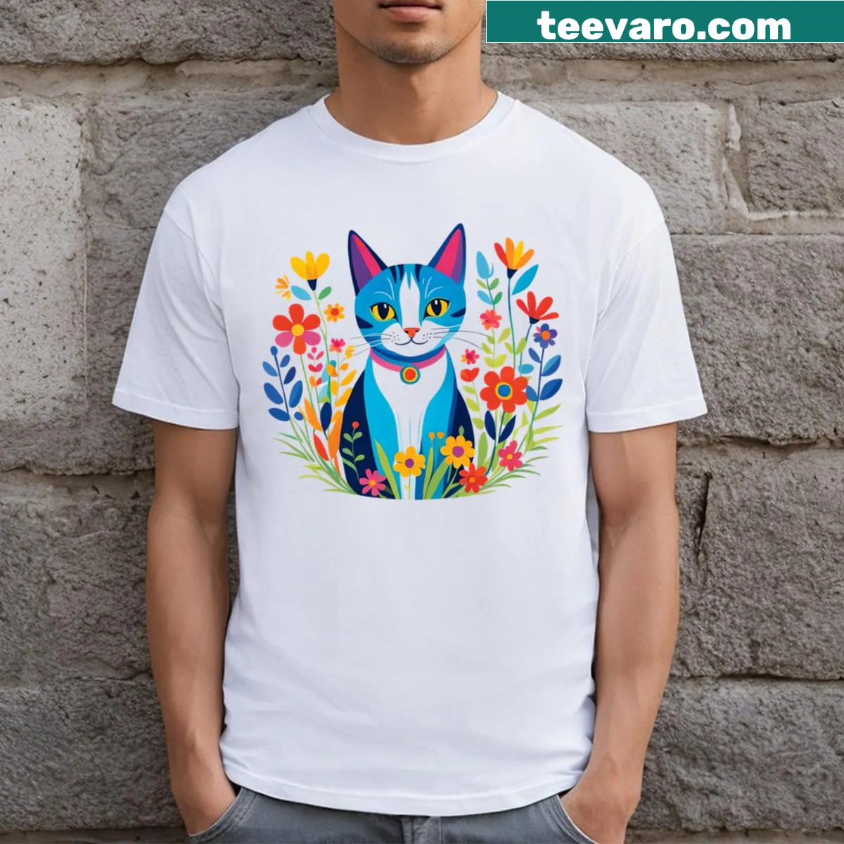 Cute illustration of a cat with blue flowers on a t-shirt. — on a men's t-shirt
