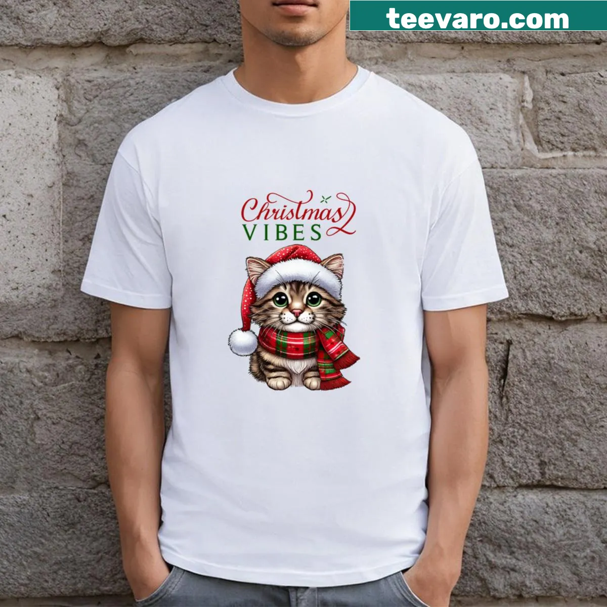 Festive t-shirt with a cute cat design celebrating Christmas. — on a men's t-shirt