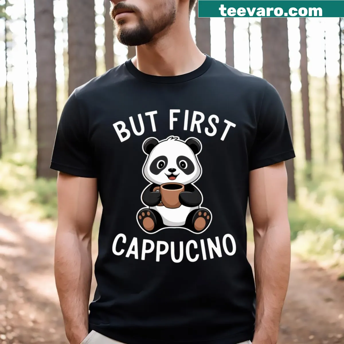 Adorable panda graphic holding cappuccino on a fun t-shirt — on a men's t-shirt