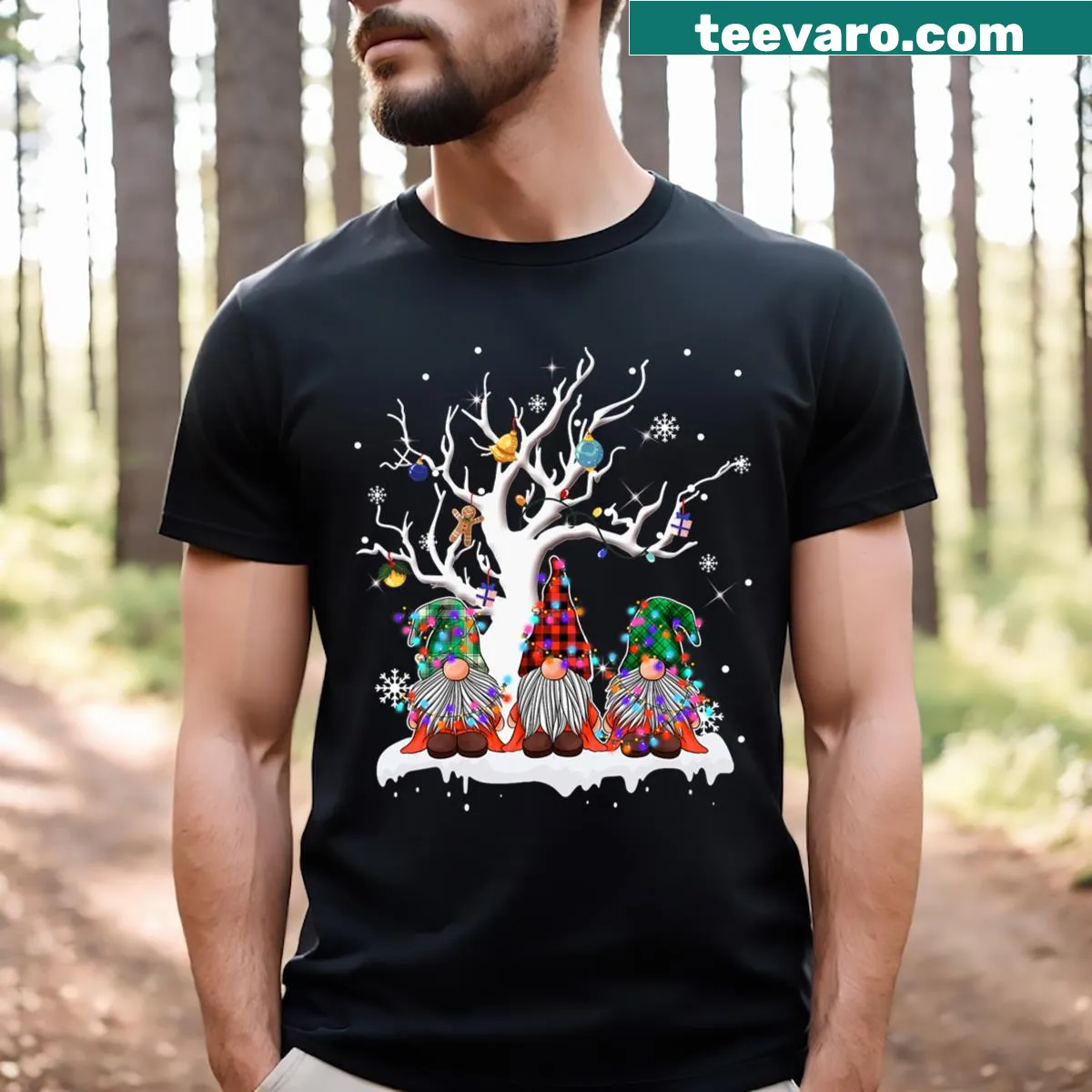 Festive gnome graphic with Santa hat and Christmas lights on a t-shirt — on a men's t-shirt