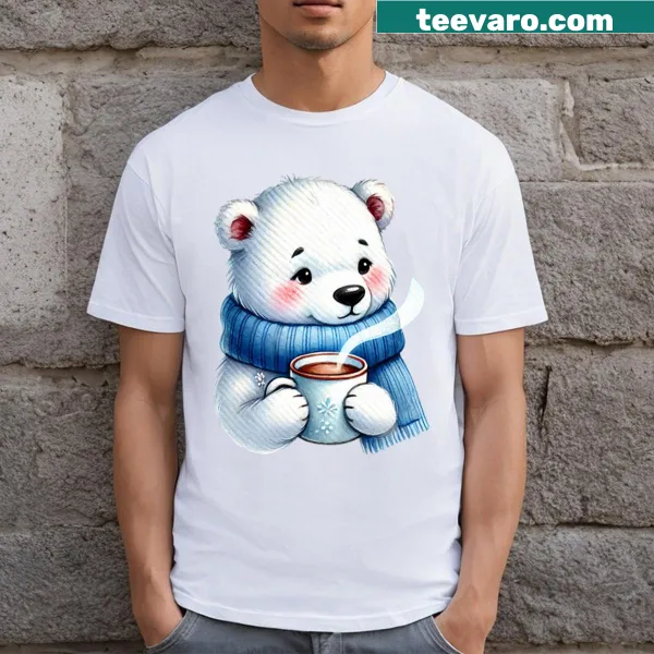 Adorable polar bear enjoying hot cocoa graphic on a t-shirt