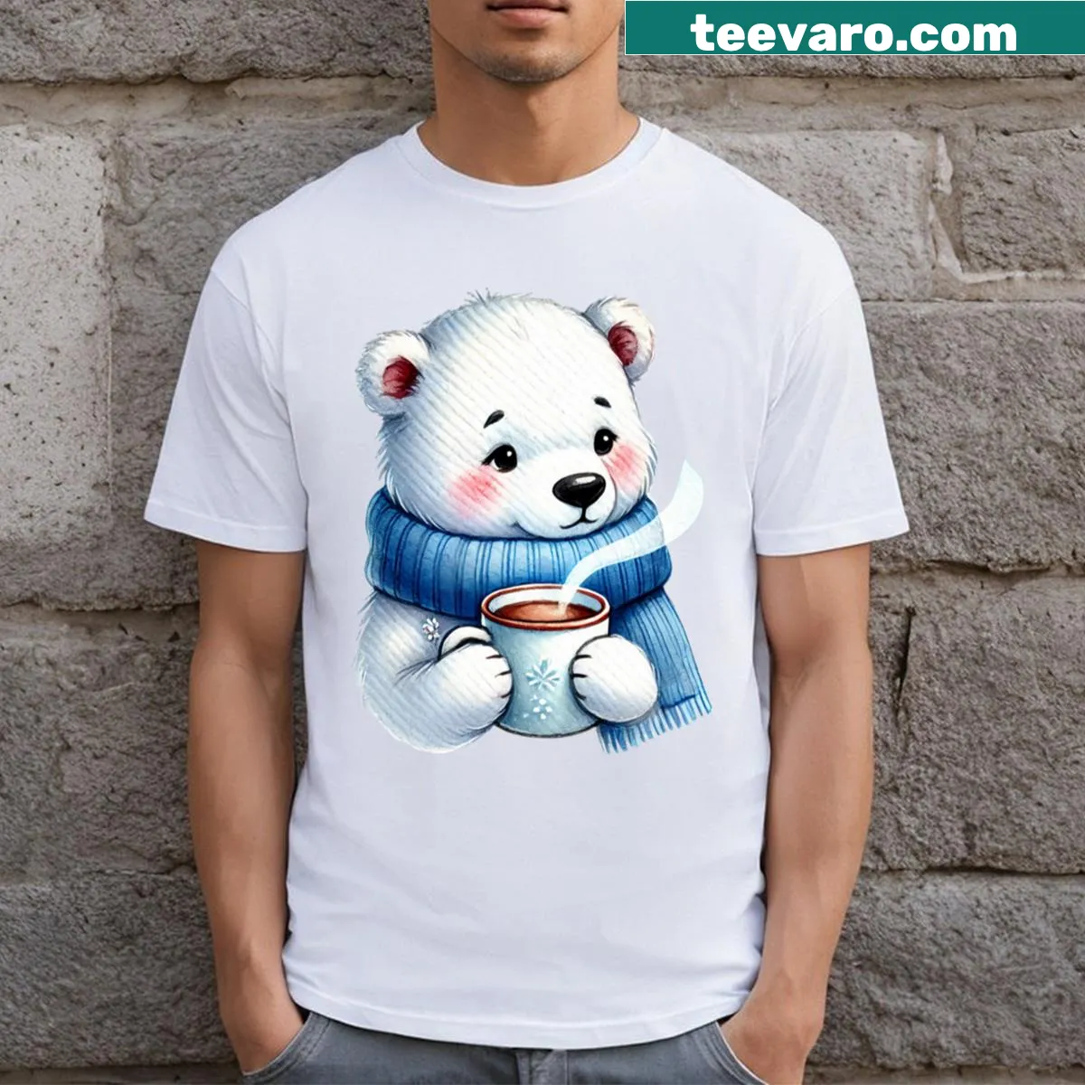 Adorable polar bear enjoying hot cocoa graphic on a t-shirt — on a men's t-shirt