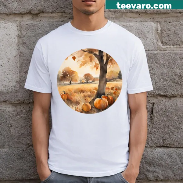 Watercolor Halloween T-shirt with pumpkins along a path design