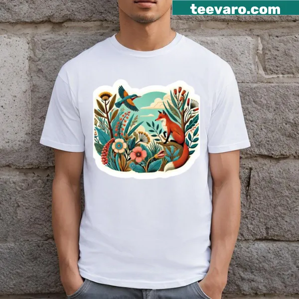 Illustrated T-shirt featuring a fox and a bird design