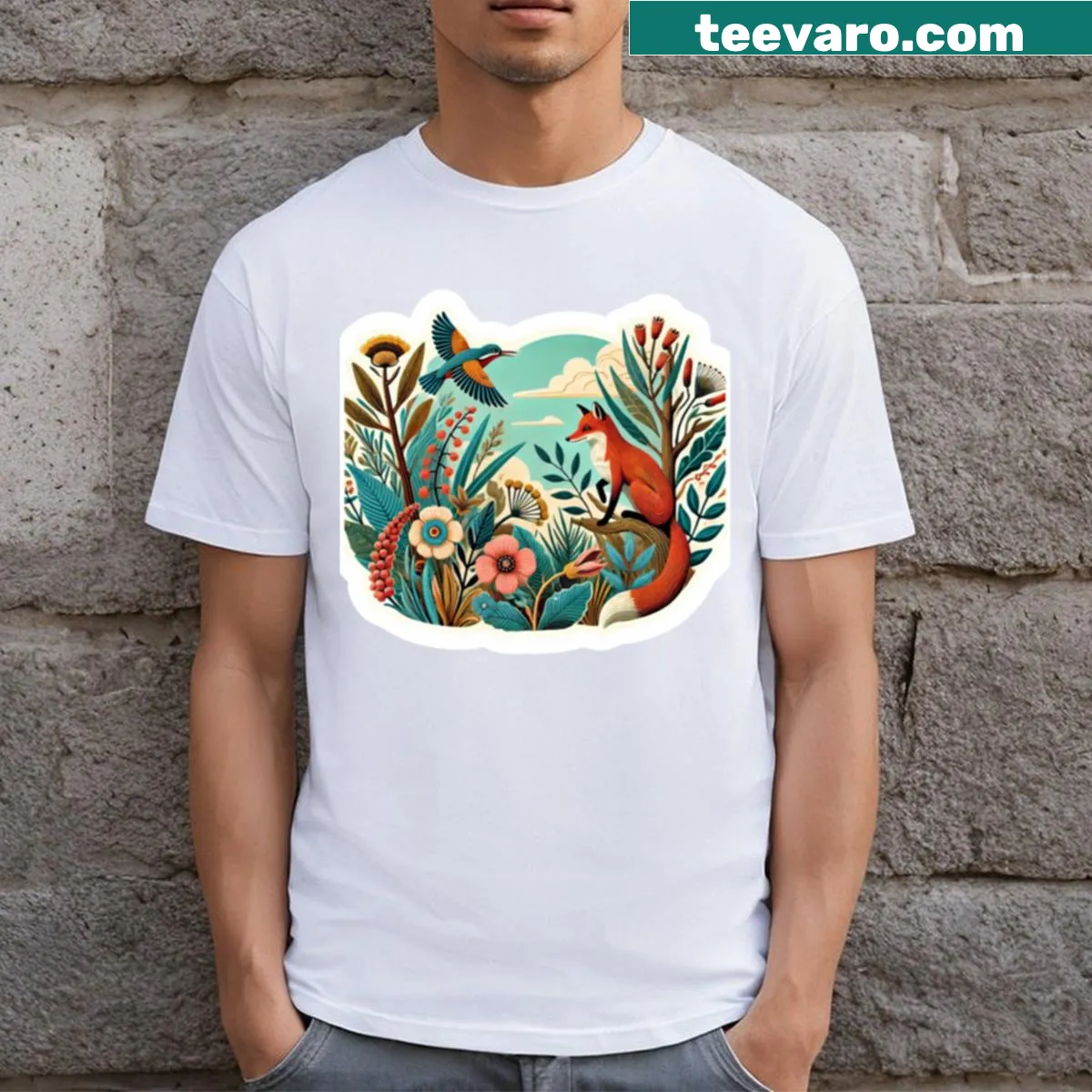 Illustrated T-shirt featuring a fox and a bird design — on a men's t-shirt