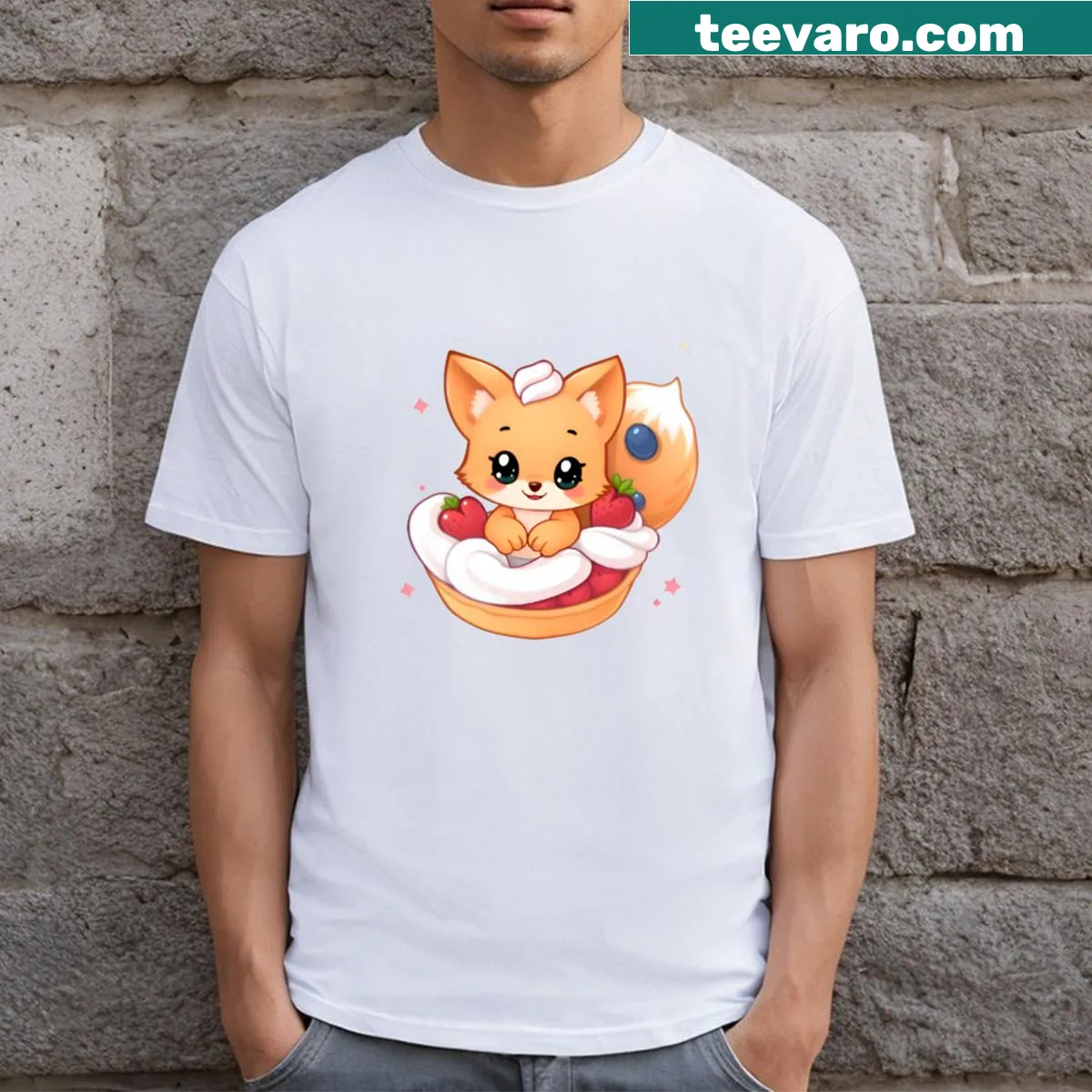 Playful shirt with a fox enjoying a cake design — on a men's t-shirt