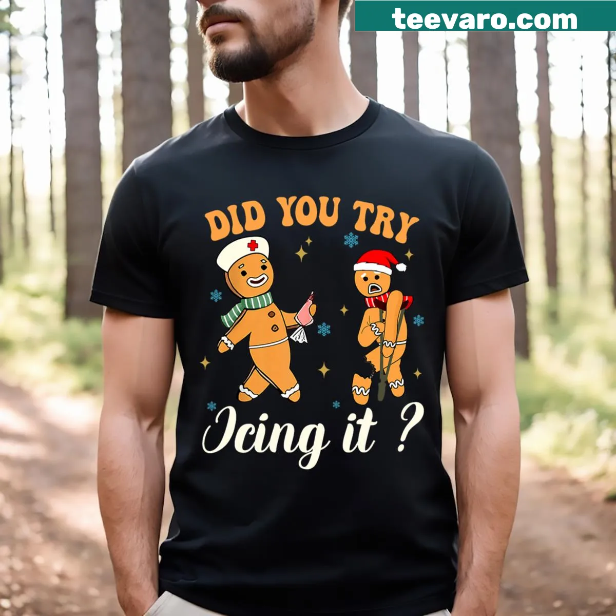 Funny nurse t-shirt with a gingerbread man and humorous text — on a men's t-shirt