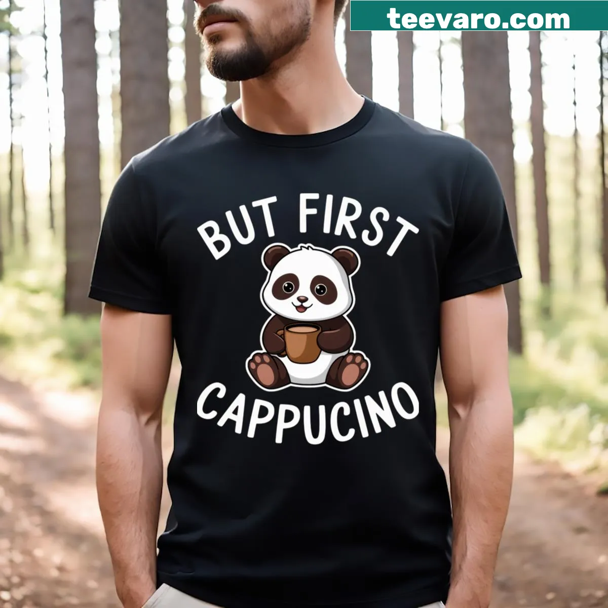 Cartoon panda enjoying coffee with humorous pun design — on a men's t-shirt