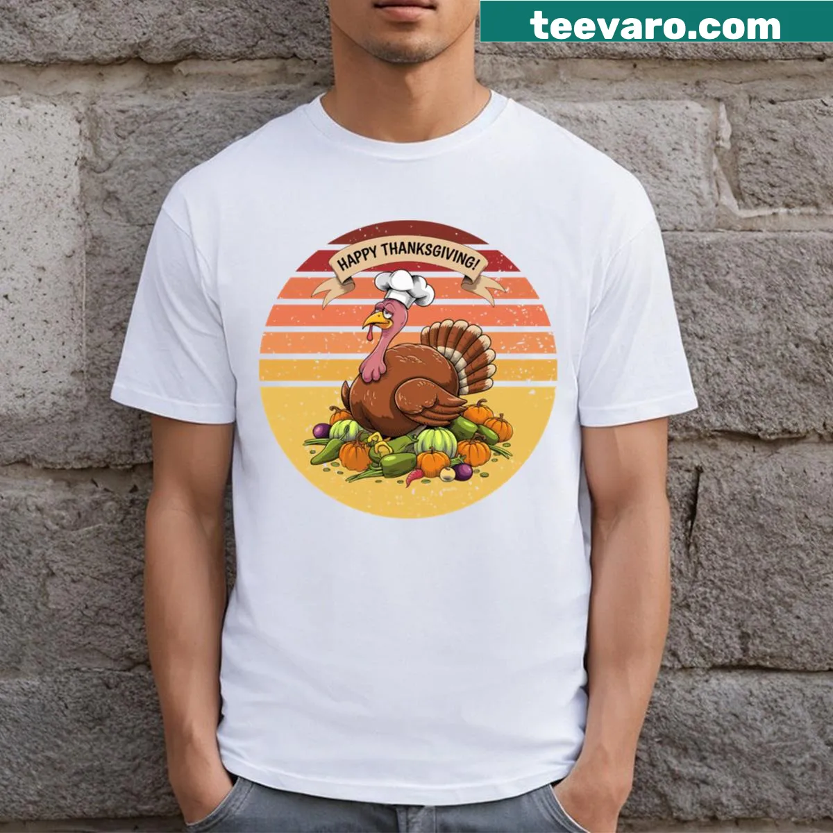 Humorous Thanksgiving shirt featuring turkey and vegetarian themes — on a men's t-shirt