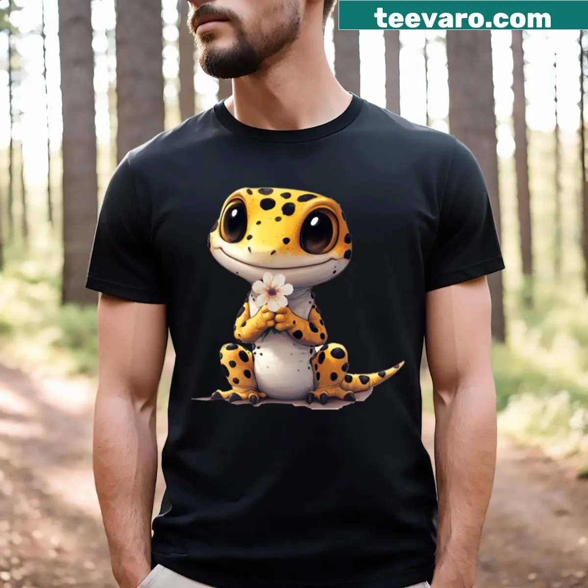 Illustration of a gecko with a white flower — on a men's t-shirt