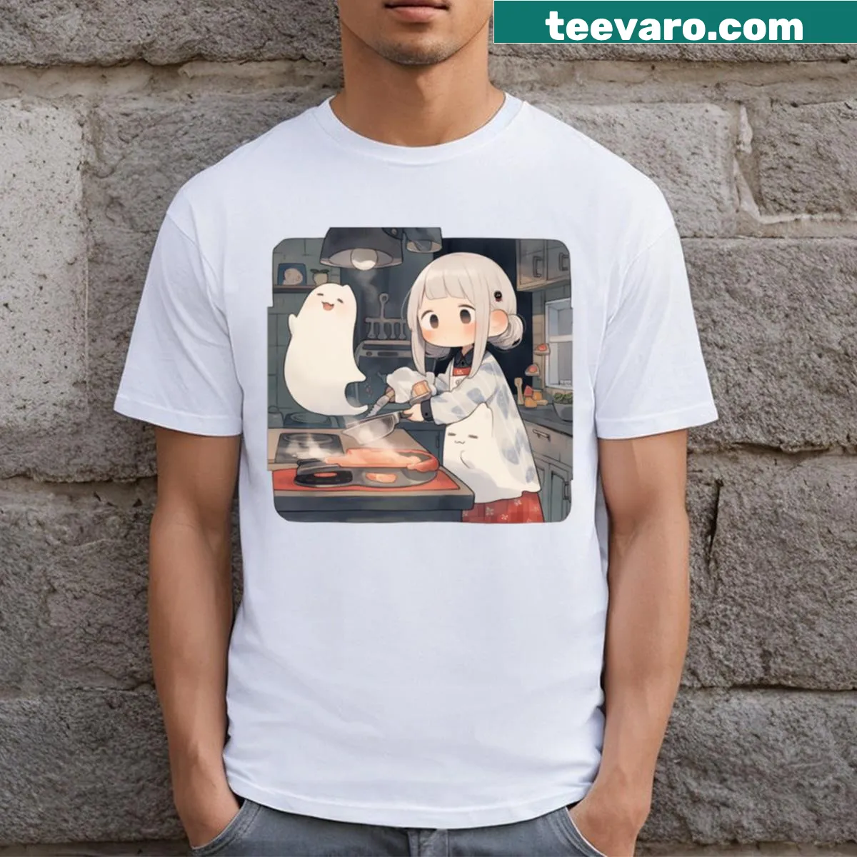 Ghost chef illustration with cooking utensils on a t-shirt — on a men's t-shirt