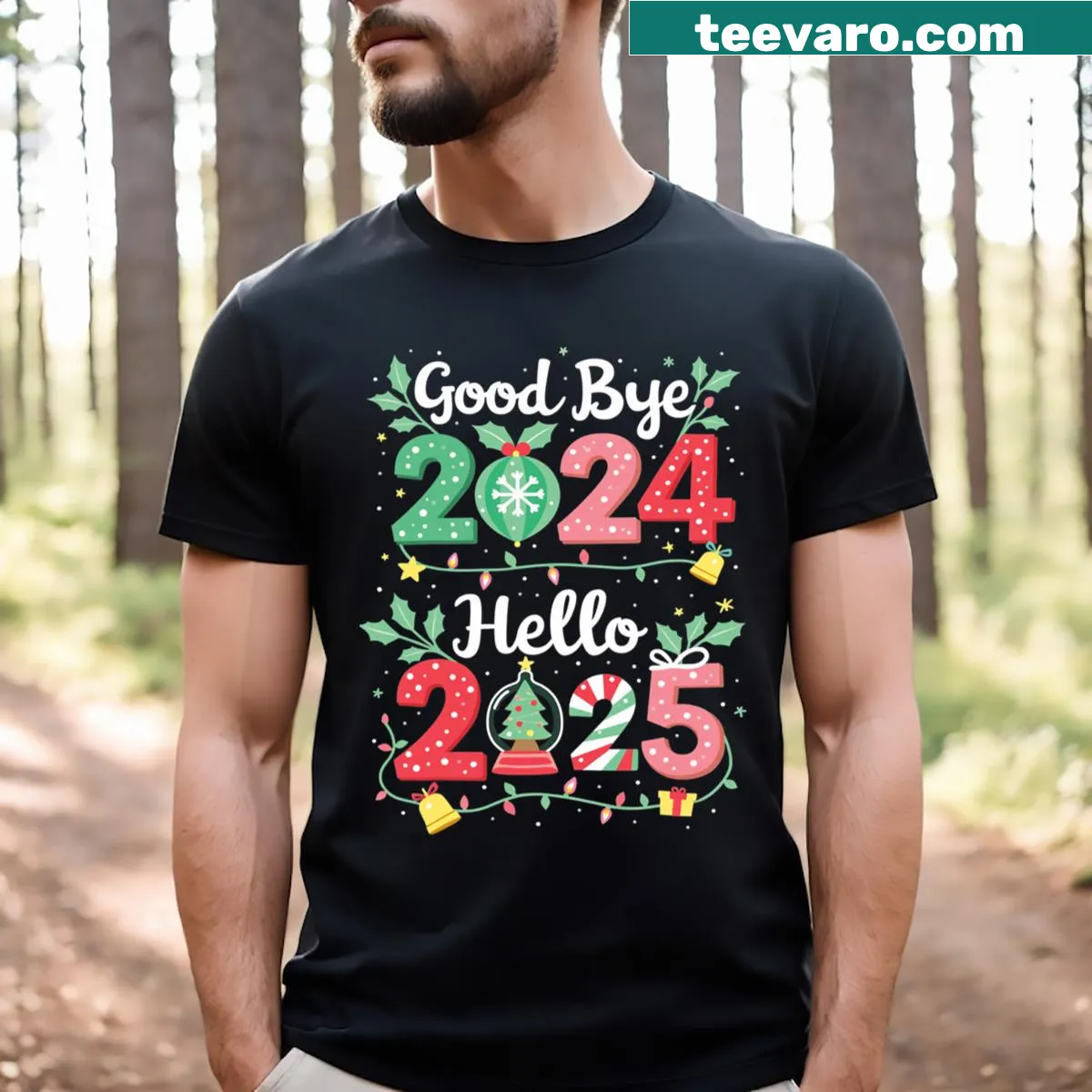 New Year's Eve T-shirt with 'Goodbye 2024 Hello 2025' text — on a men's t-shirt