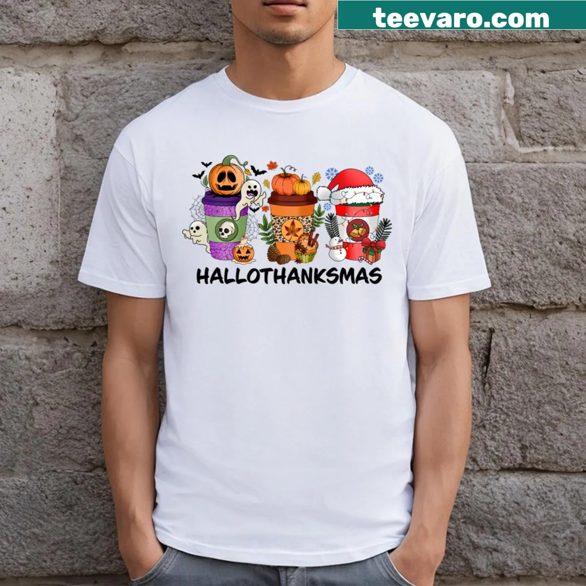 Hallothankmas T-shirt combining Halloween and Christmas themes — on a men's t-shirt