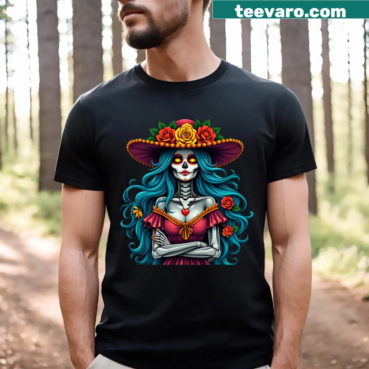 T-shirt honoring Halloween and Dia De Los Muertos with themed graphics — on a men's t-shirt