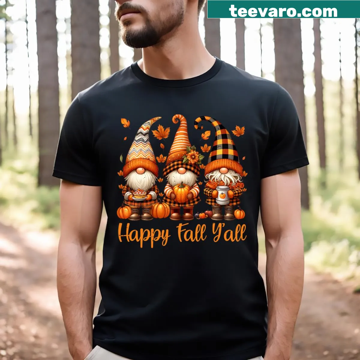 Gnome with pumpkins design on a Thanksgiving-themed shirt — on a men's t-shirt
