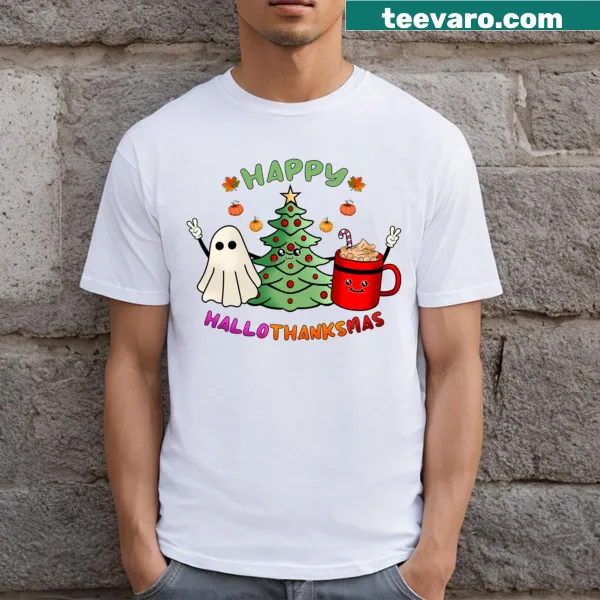 Joyful 'Happy Hallothankmas' t-shirt with festive holiday graphics.