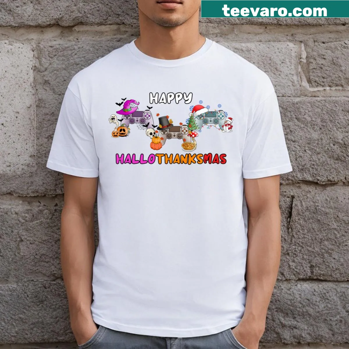 Fun 'Happy Hallothankmas' t-shirt featuring holiday illustrations. — on a men's t-shirt