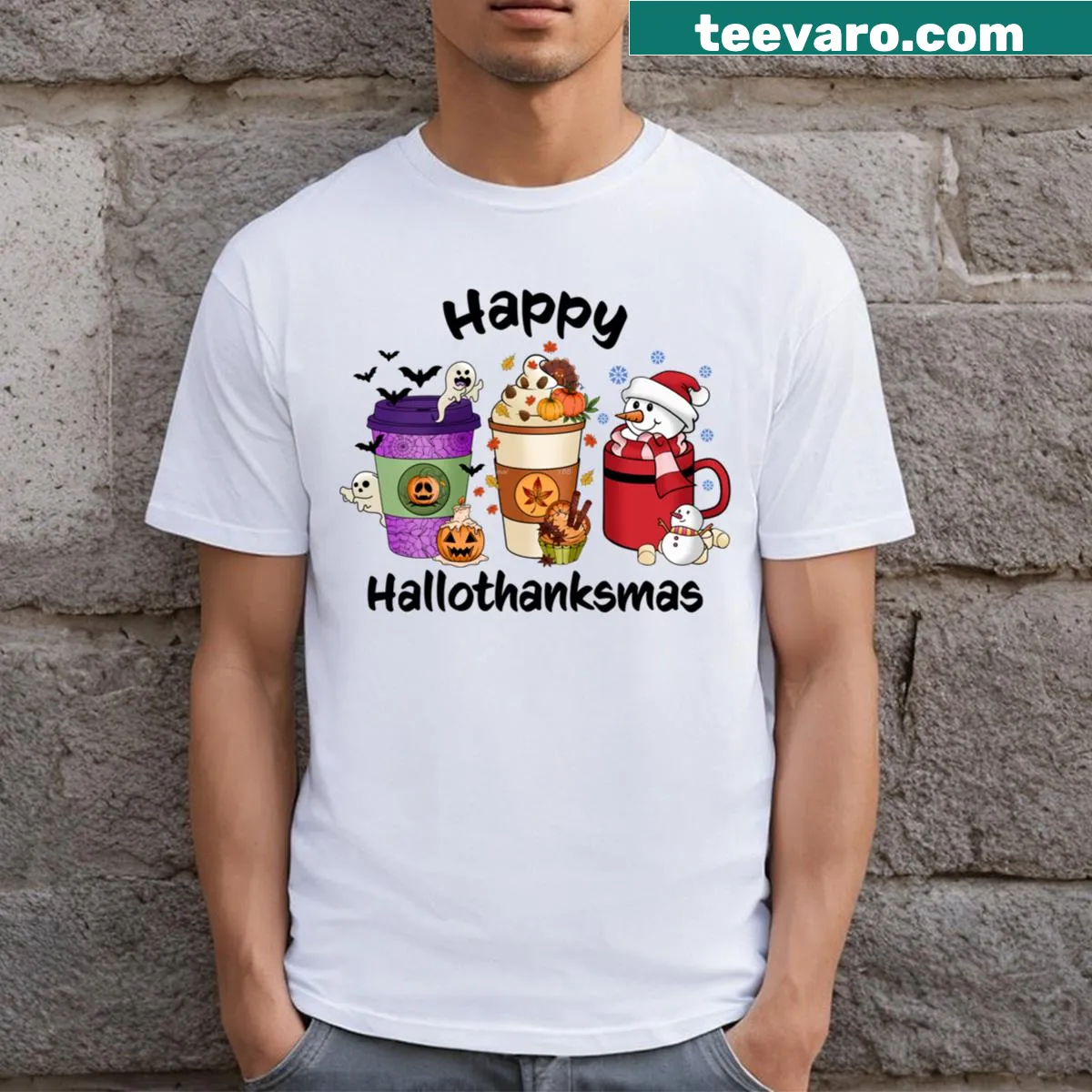 Playful 'Happy Hallothankmas' t-shirt with festive holiday mashup graphics. — on a men's t-shirt