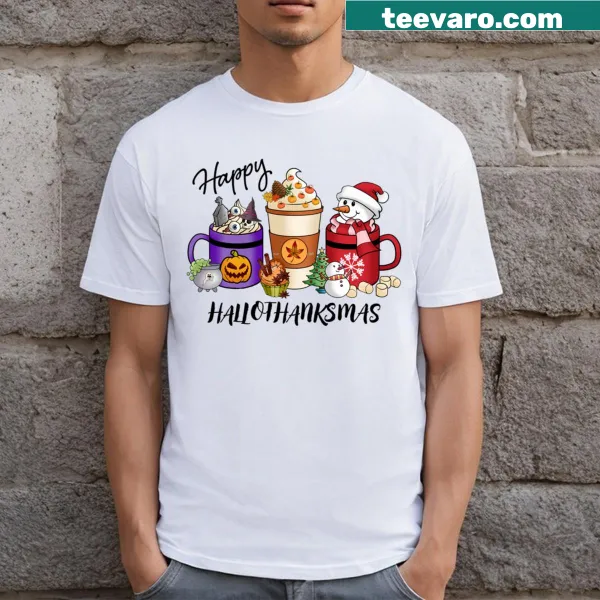 Whimsical 'Happy Hallothankmas' t-shirt with magical holiday-themed graphics.