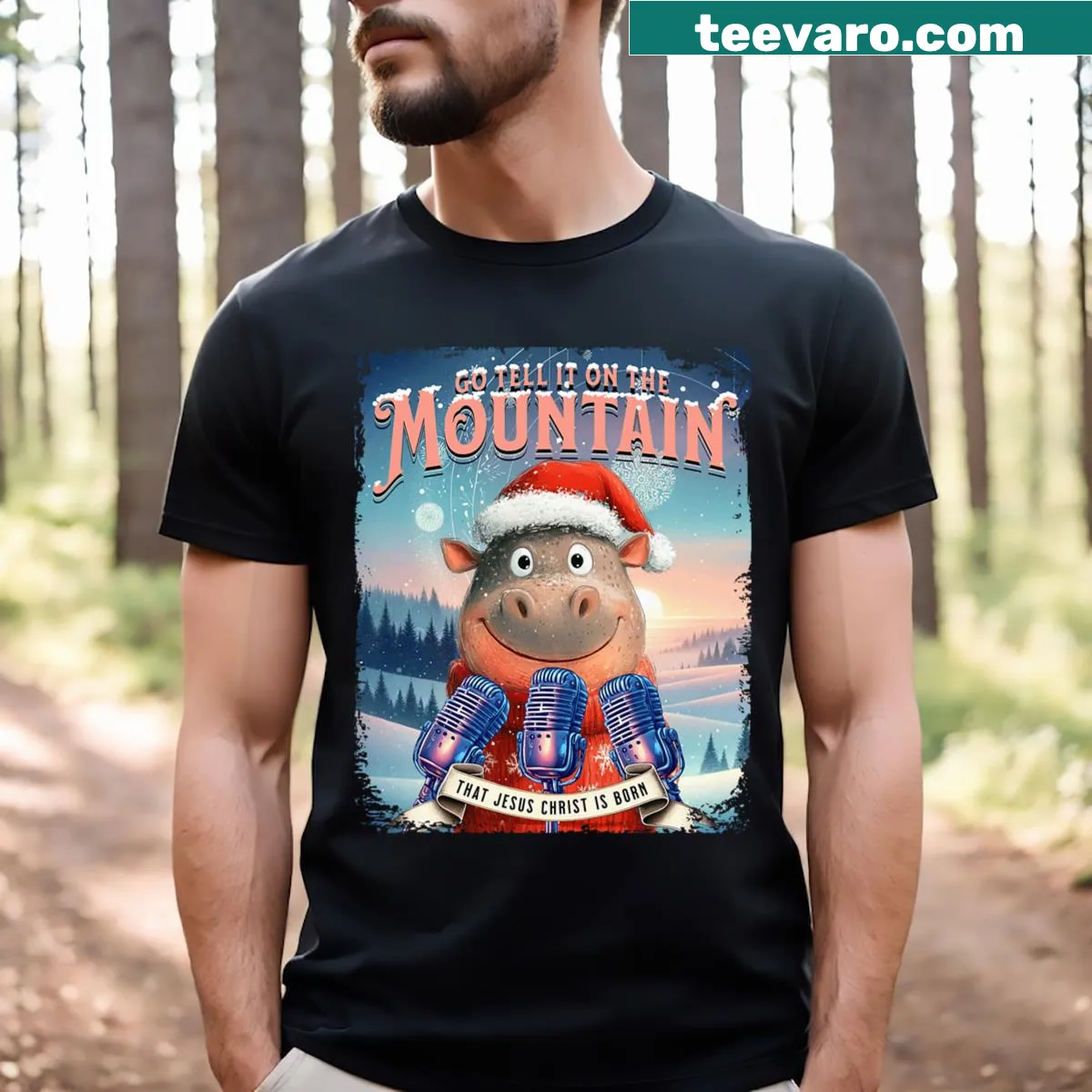 Adorable Hippopotamus Go Tell It t-shirt with holiday-themed graphic — on a men's t-shirt