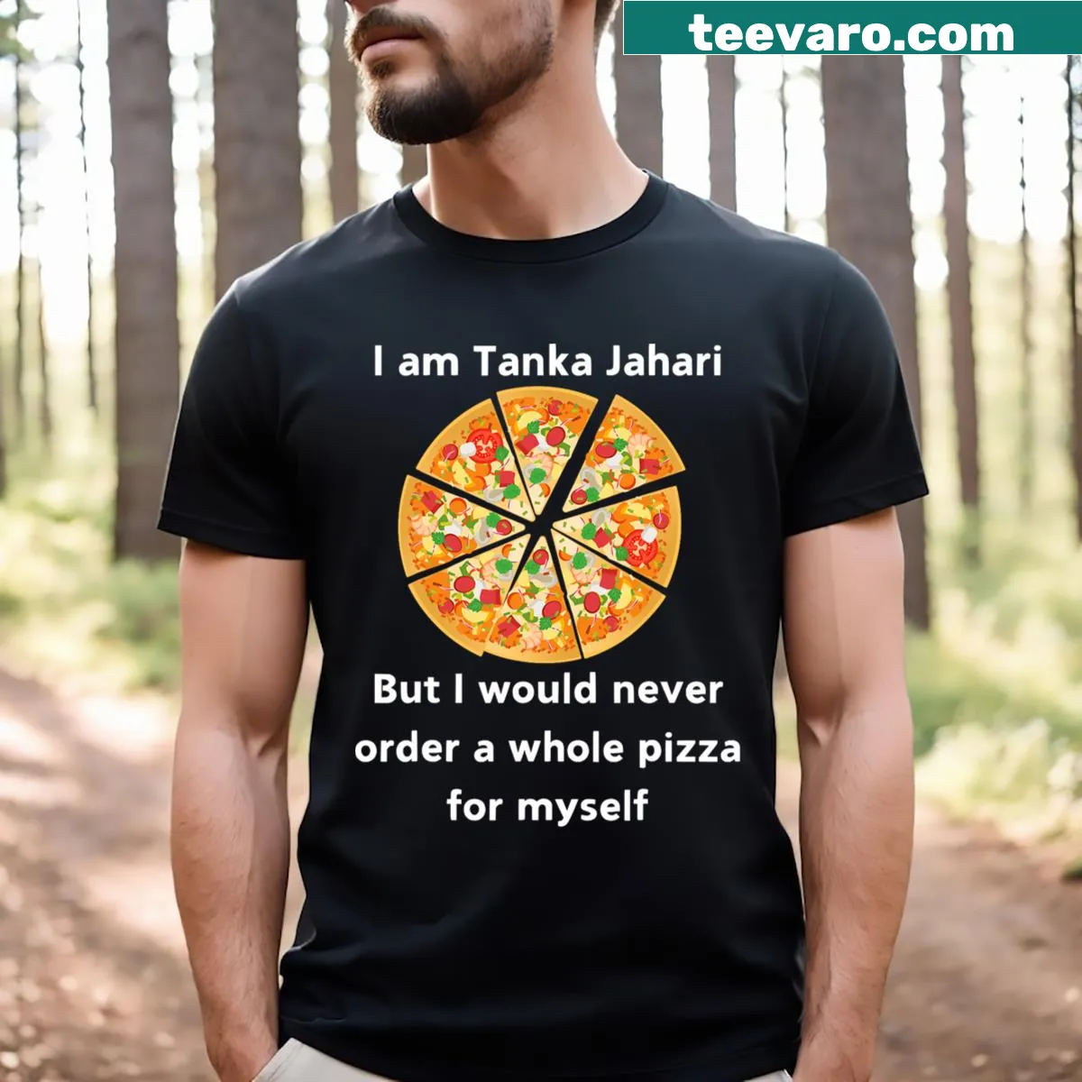 Funny pizza lover T-shirt with humorous slogan — on a men's t-shirt