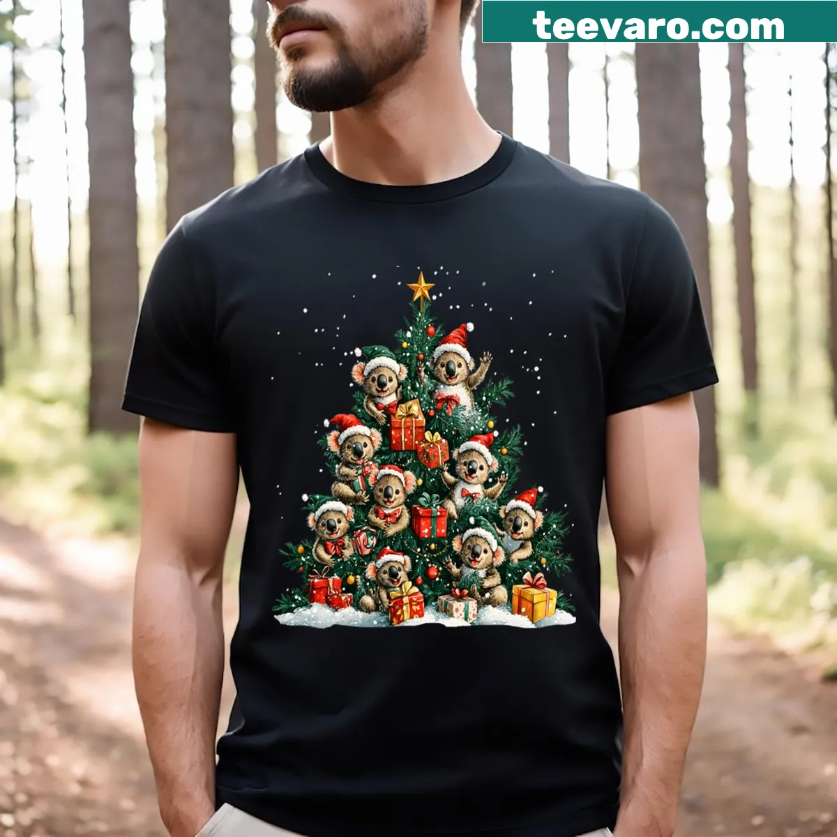 Koala Christmas tree ornament design on festive tee — on a men's t-shirt