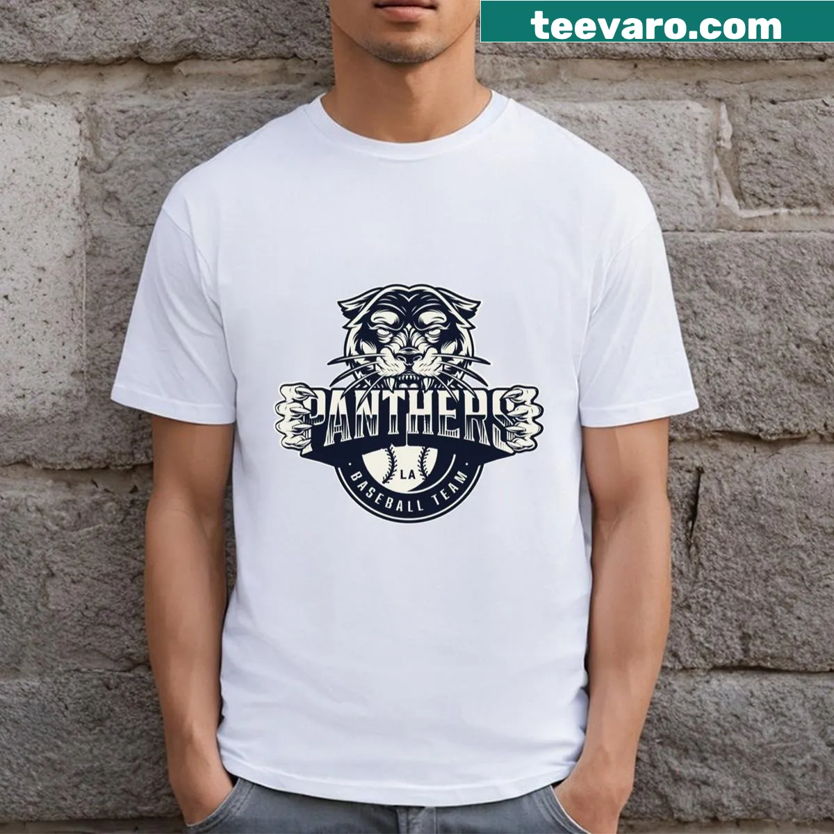 Team-themed T-shirt representing the La Panthers baseball team — on a men's t-shirt
