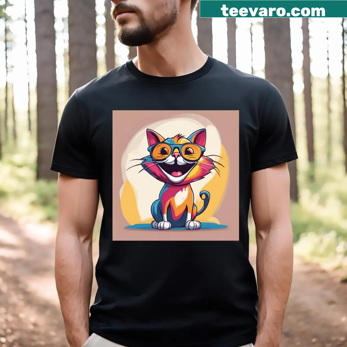 Cartoon T-shirt featuring a laughing cat illustration — on a men's t-shirt