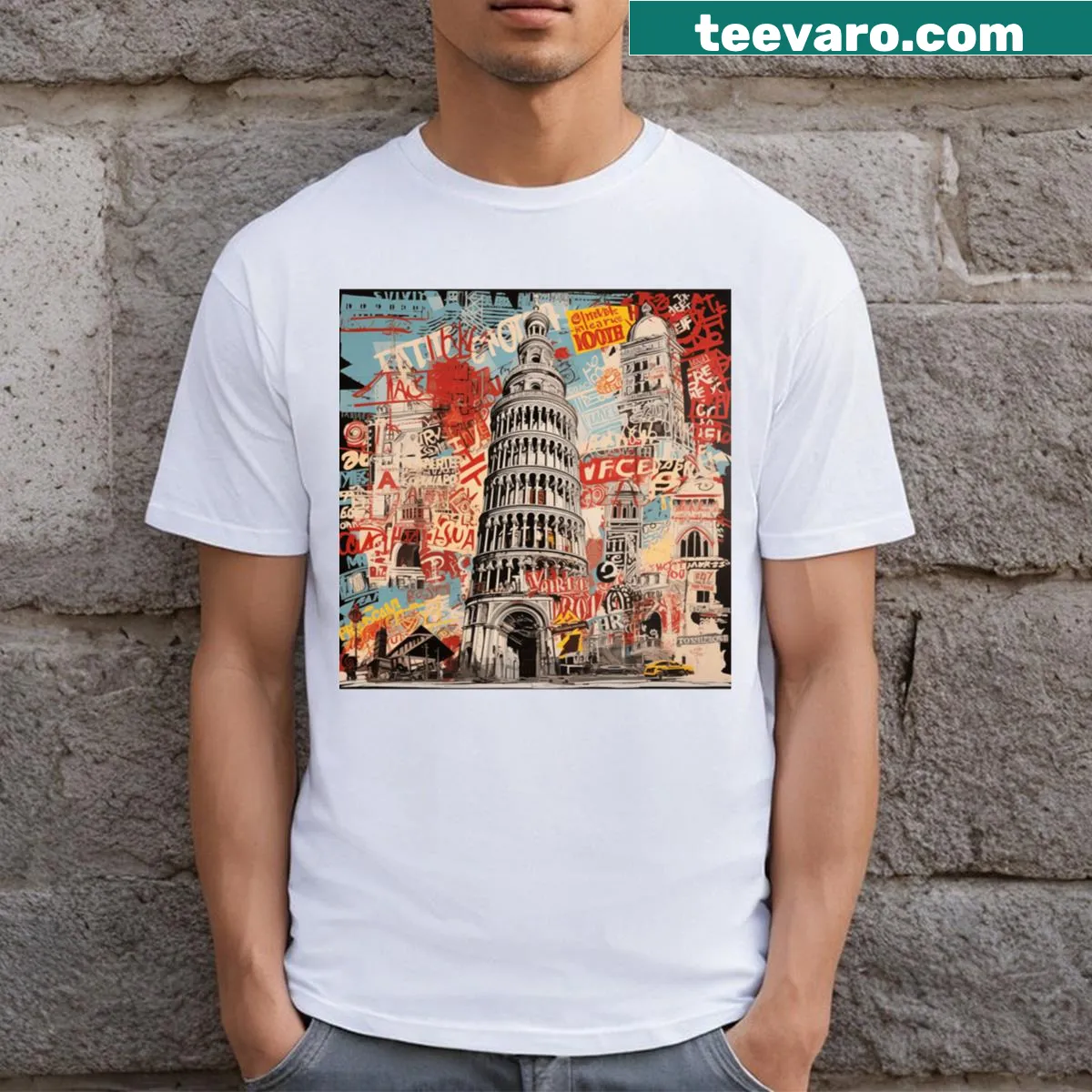 Artistic T-shirt featuring the Leaning Tower of Pisa — on a men's t-shirt