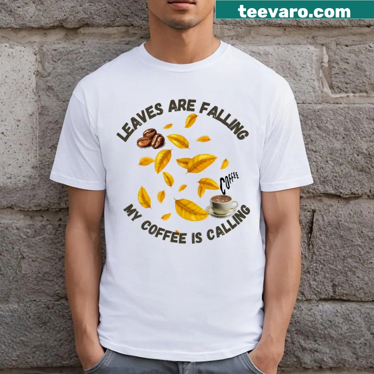 Falling leaves design for cozy fall t-shirt — on a men's t-shirt