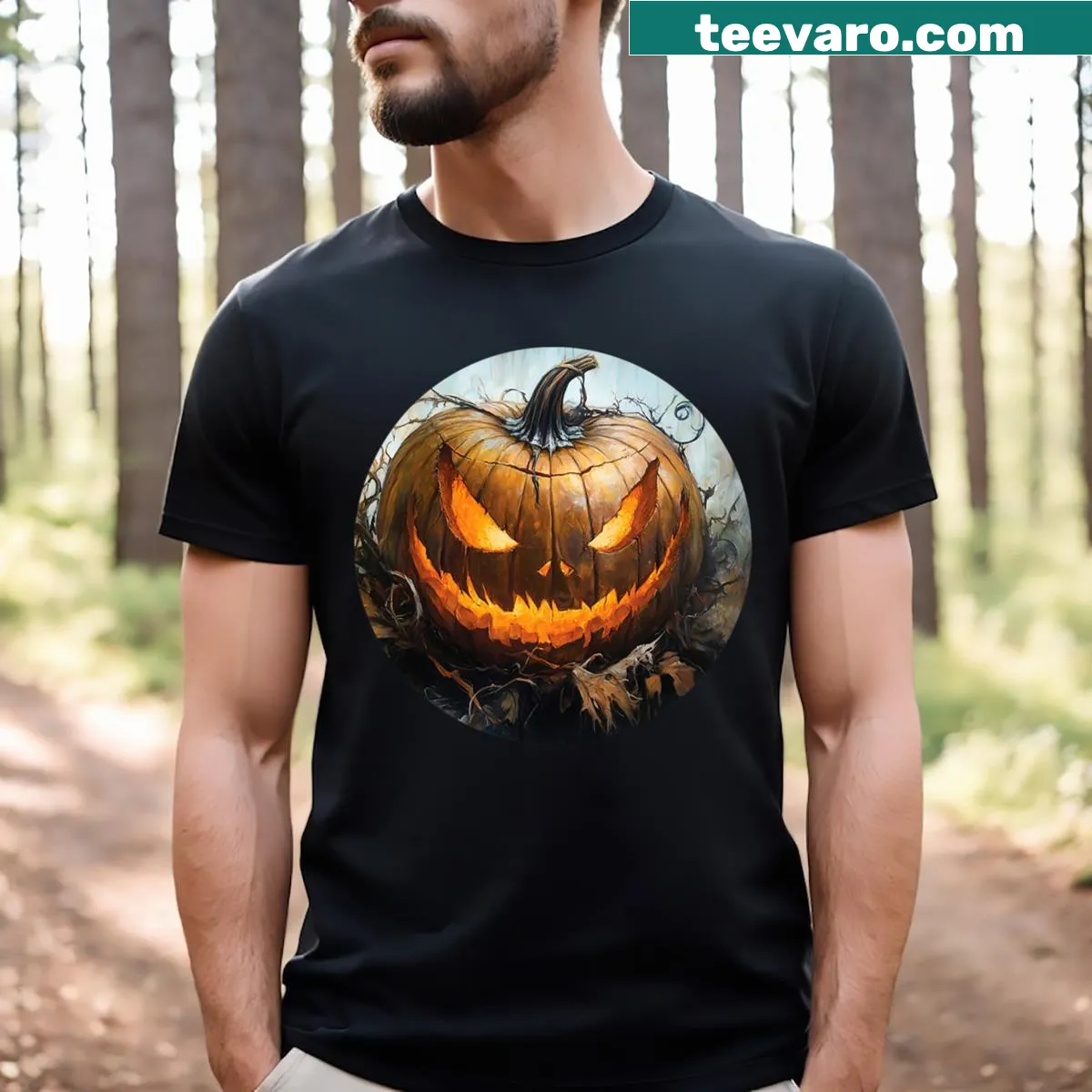 Halloween T-shirt with a scary pumpkin graphic — on a men's t-shirt